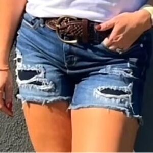 Distressed Denim Shorts with Brown Belt